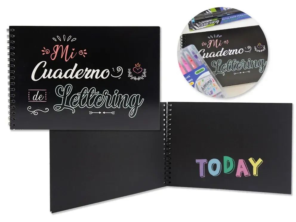 CUADERNO A5 LETTERING 32 HOJAS NEGRAS 180 GRMS