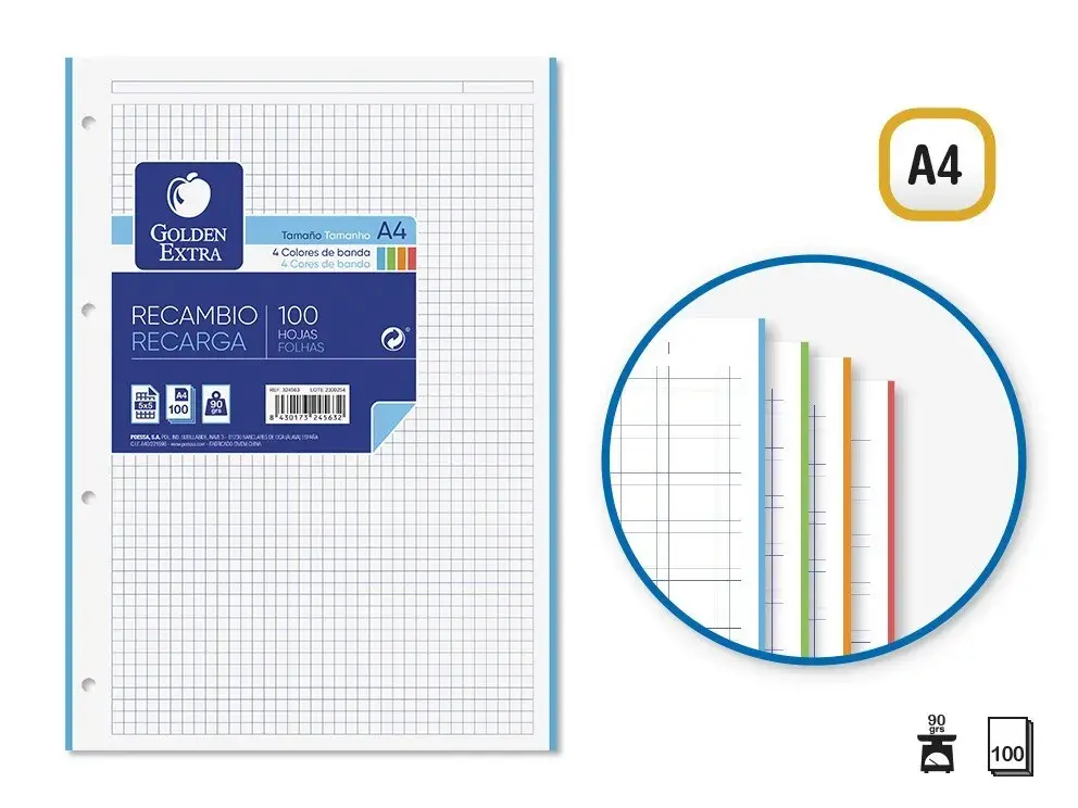 RECAMBIO A4 100 H. 90 GRMS. CUADRICULADO , CON BANDA DE COLOR