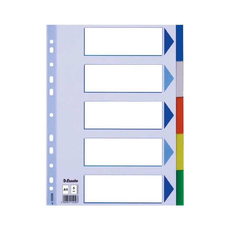 SEPARADORES 5 POSICIONES FOLIO PP COLORES CON CARÁTULA ÍNDICE CARTÓN BLANCO / NEGRO ESSELTE