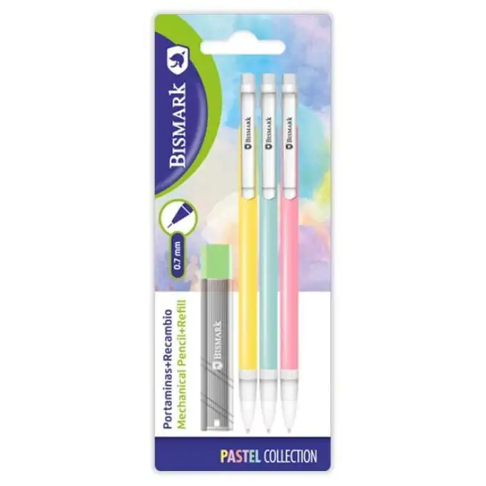 PACK 3 PORTAMINAS PASTEL 0.7mm + CAJA 12 MINAS - BISMARK -