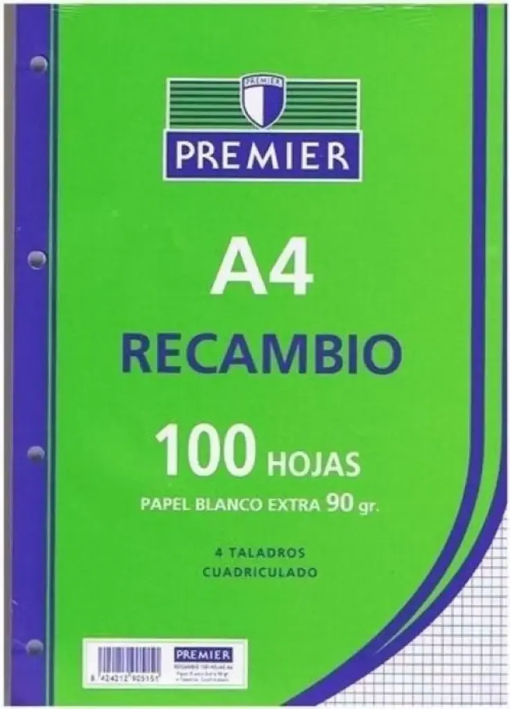 RECAMBIO PREMIER A4, 100 HOJAS, 90GR, 4X4MM, 4 TALADROS, PAPEL BLANCO - ZORRILLA - 