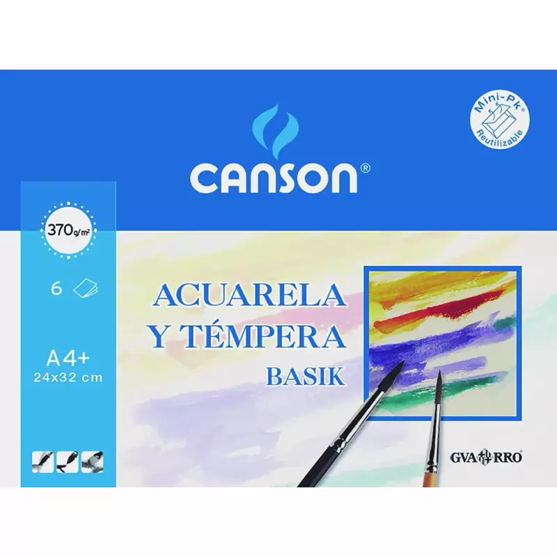 PAPEL DE ACUARELA Y TÉMPERA BASIK 6 HOJAS A4+ 370GRS - CANSON -