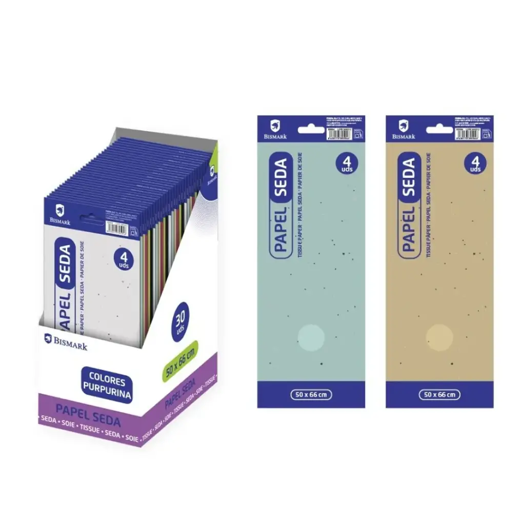 PAPEL SEDA LISO COLORES CON PURPURINA. BOLSA 4 HOJAS - BISMARK -