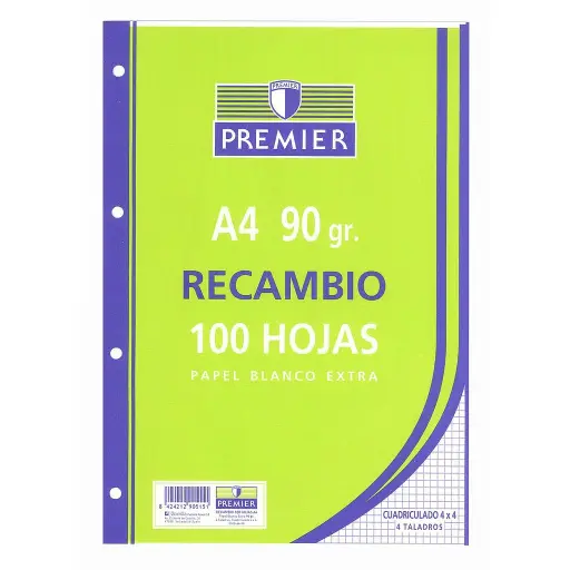 [C5103-A4-90] RECAMBIO PREMIER A4, 100 HOJAS, 90GR, 3X3MM, 4 TALADROS, PAPEL BLANCO EXTRA - ZORRILLA -