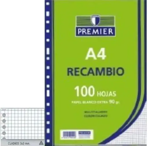 [T515-A4-90] RECAMBIO PREMIER A4, 100 HOJAS, 90GR, 4X4MM, MULTITALADRO, PAPEL BLANCO - ZORRILLA -