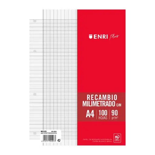 [400158544] RECAMBIO PAPEL, MILIMETRADO, 100H A4 90GR, CON MARGEN, 4 TALADROS BLANCO - ENRI -