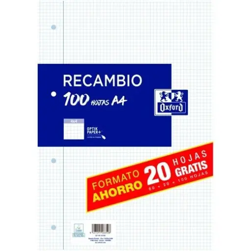 [400195058] RECAMBIO CLASSIC 80H + 20H GRATIS A4 C/ MARGEN 90GR 4X4MM 4 TALADROS - OXFORD -