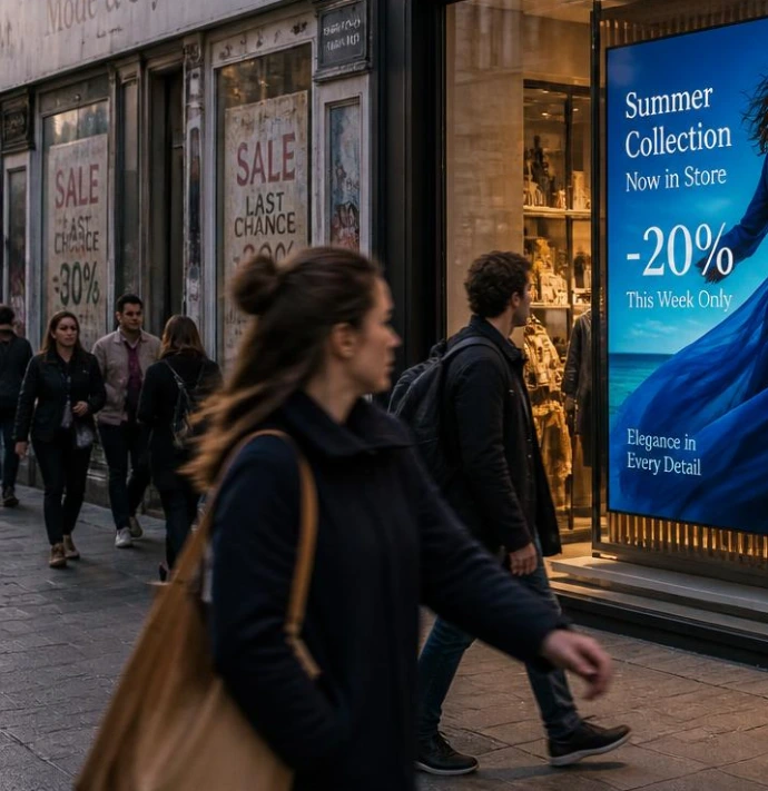 Viandantes ante un escaparate con promociones en pantalla