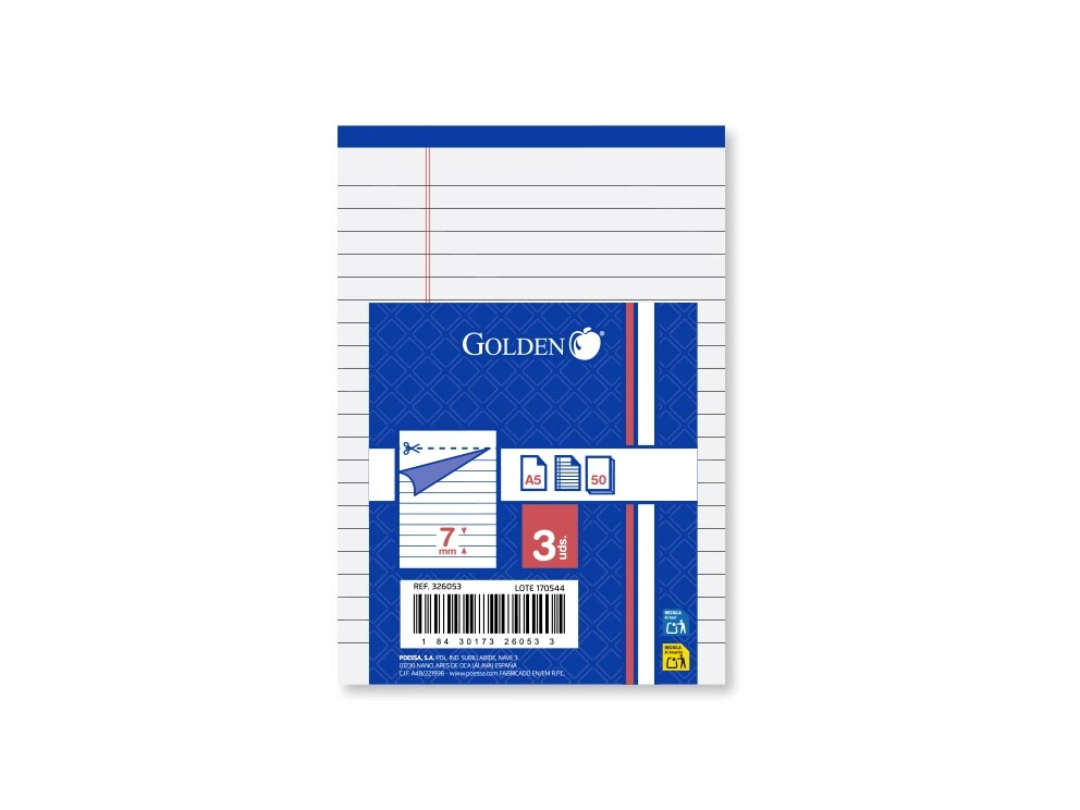 BLOCK NOTAS A5 50 hojas sin tapa - GOLDEN -