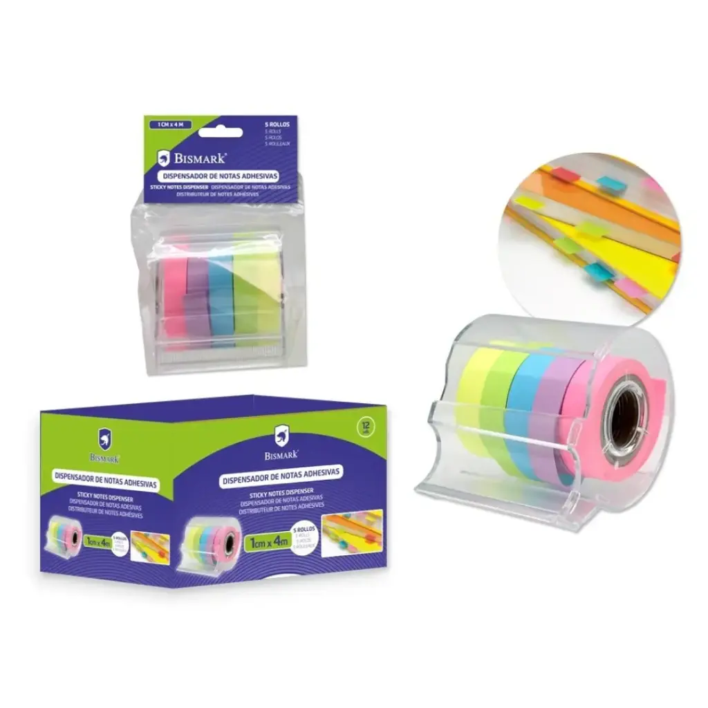 DISPENSADOR DE NOTAS ADHESIVAS, 1CM x 4M, 5 ROLLOS