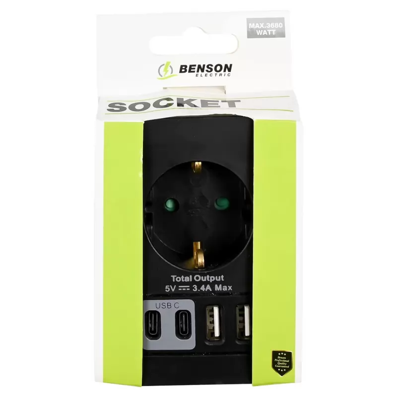 ADAPTADOR ENCHUFE SCHUKO NEGRO +2 X USB A+ 2 X USB TYPEC
